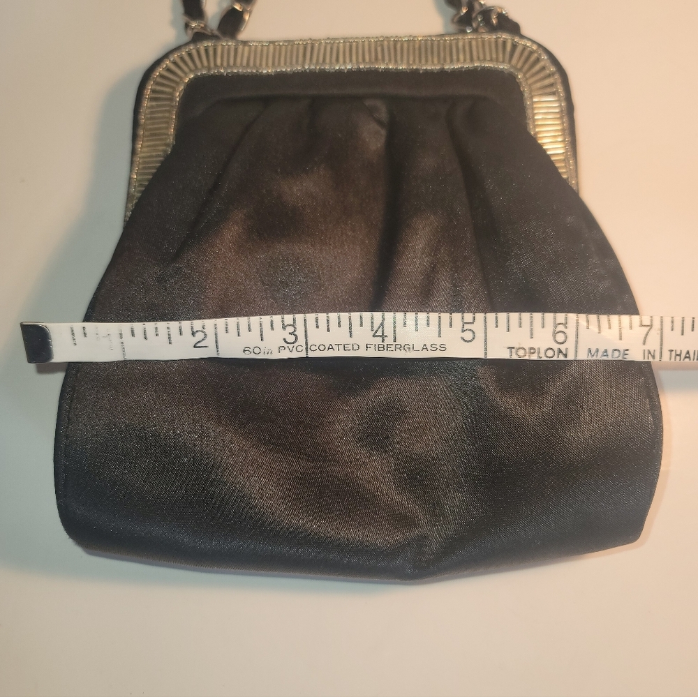 Vintage Style Black Evening Bag with a Beaded Frame and Metal Chain Strap - Picture 6 of 6